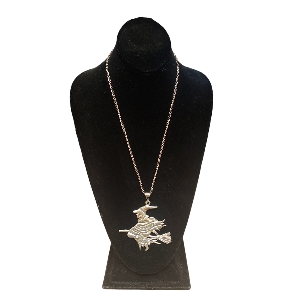 Vtg Witch On A Broomstick Statement Pendant Necklace Silver Tone Metal Halloween